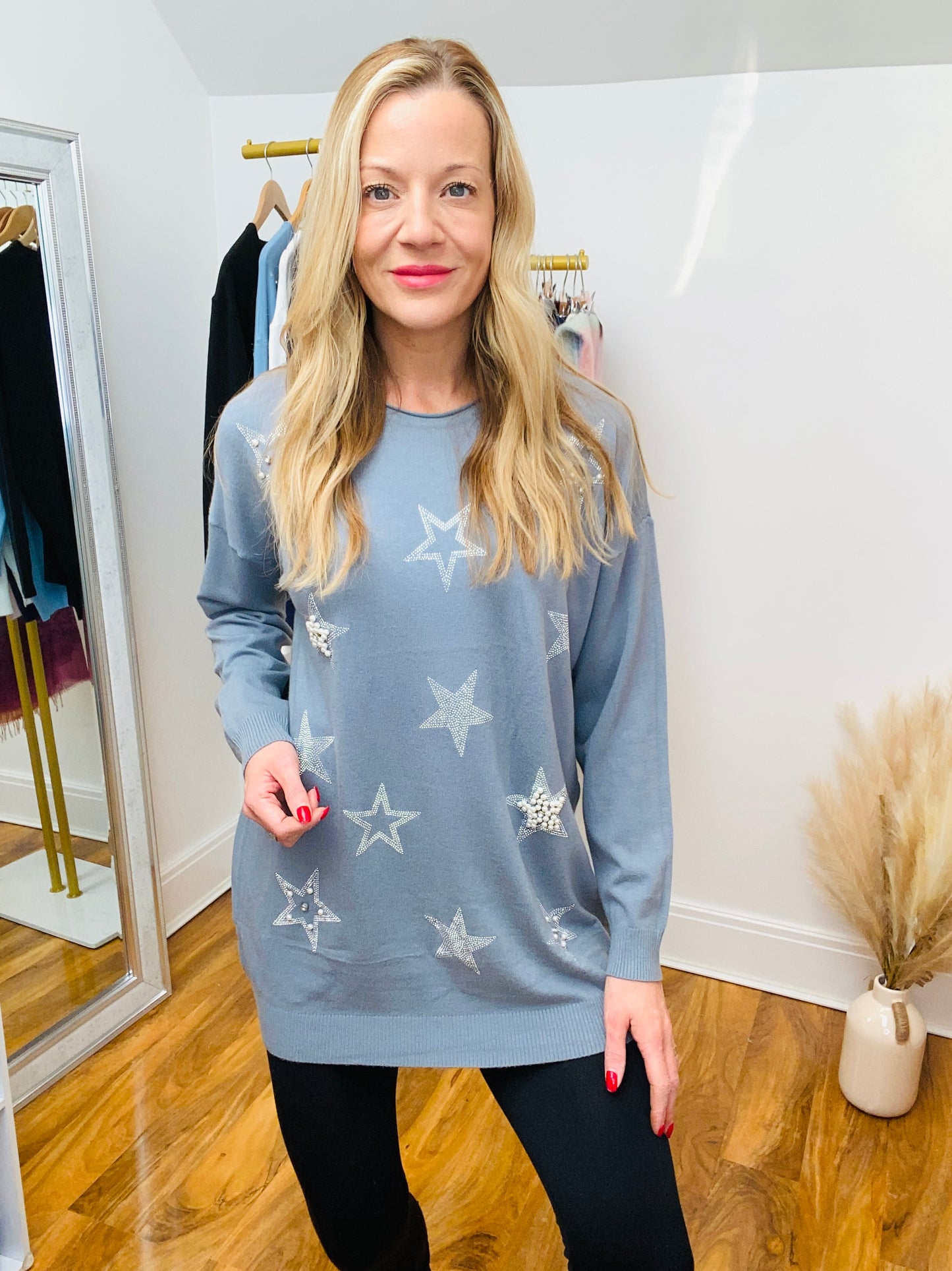 EVELYN - Longline Small Star Detail Jumper In Grey