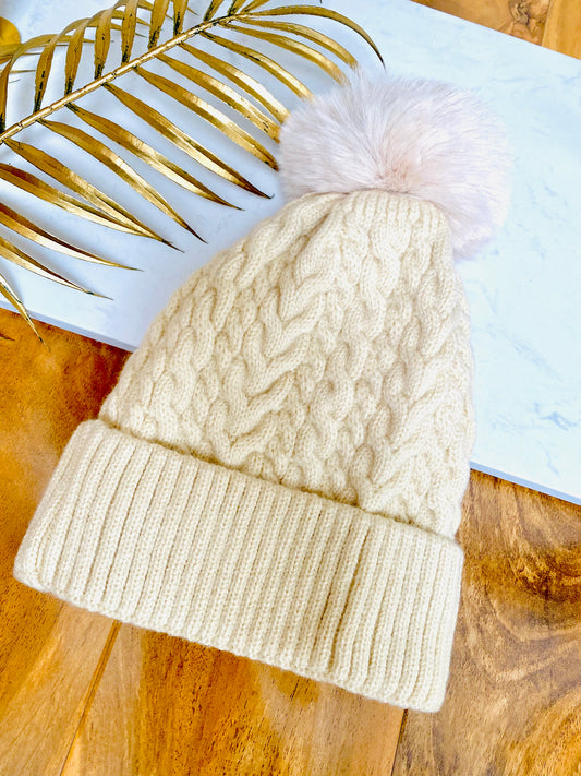 Cable Knit Fleece Lined Bobble Hat In Beige LFH027 (CLEARANCE)