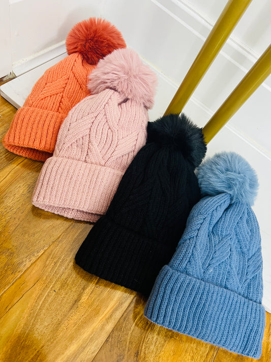 Chunky Cable Knit Fleece Lined Bobble Hat LFH098 (CLEARANCE)