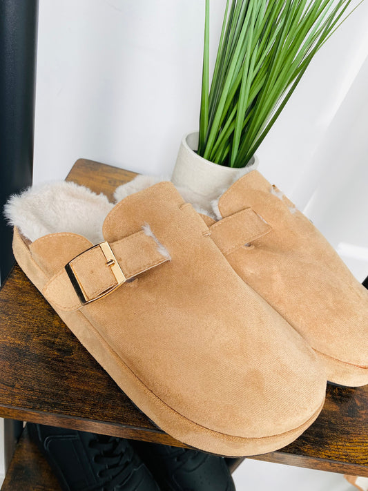 Faux Suede Fur Lined Buckle Clog In Beige (OUTLET)