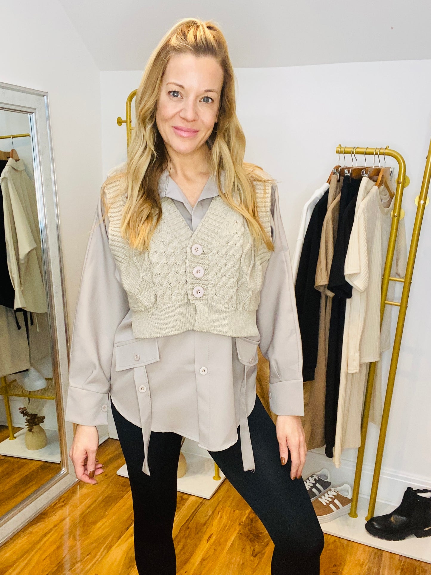 BILLIE - Knitted Faux Waistcoat Panel Shirt In Mocha