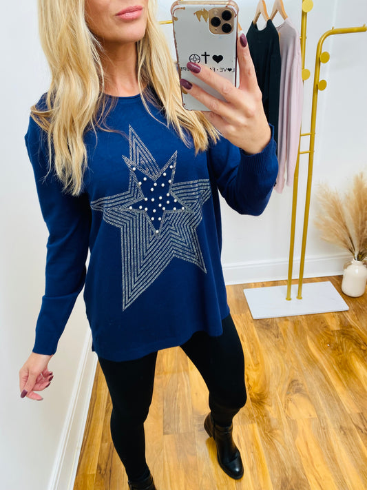 KEELEY - Pearly Star Longline Jumper In Navy