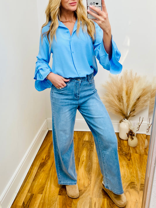 RIO - Ruffle Sleeve Shirt In Baby Blue