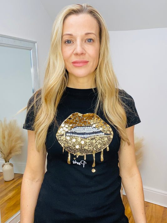 LUNA - Gold Sequin Lips T-Shirt In Black