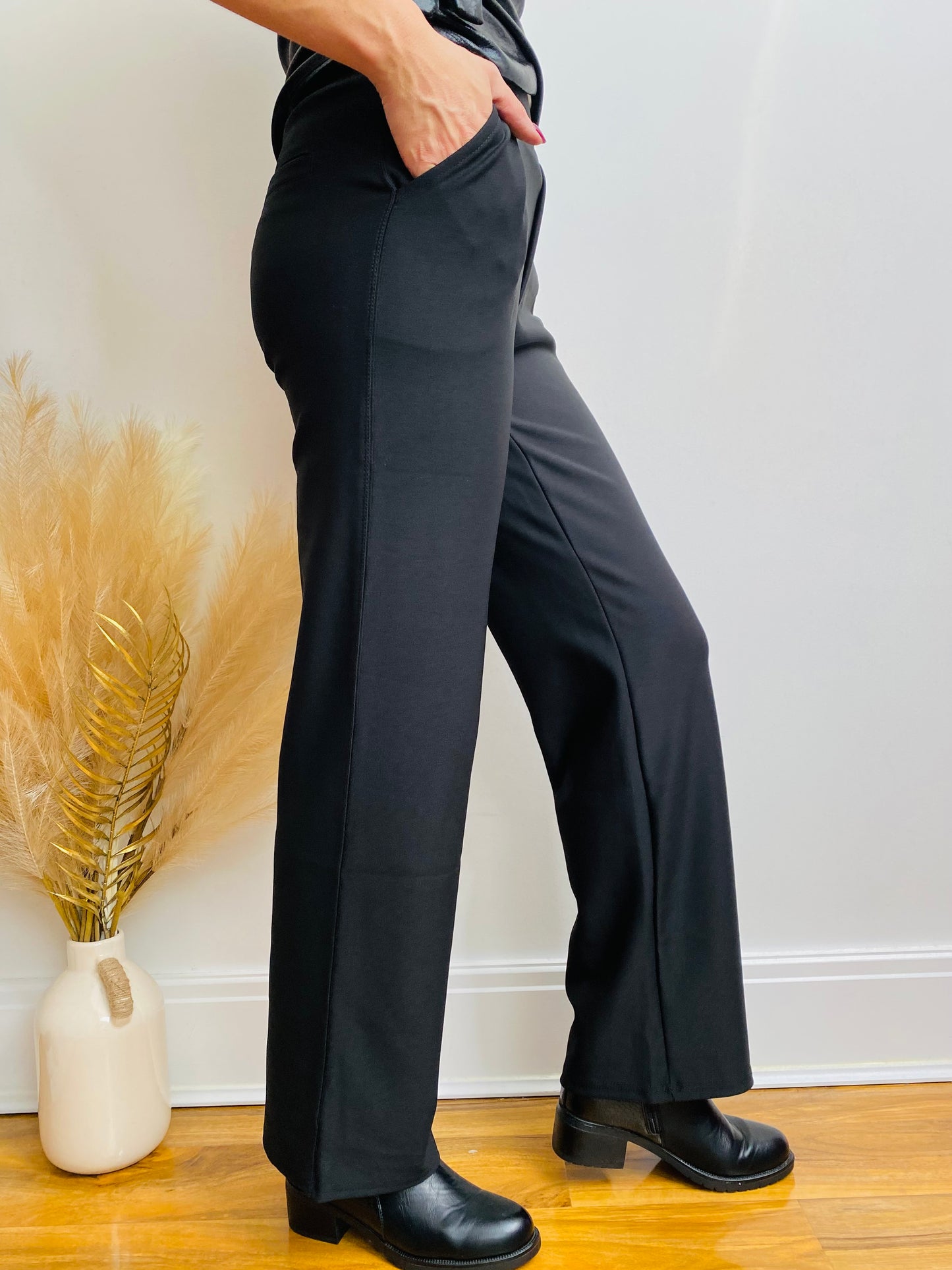 Wide Leg Stretch Trousers In Black LFH066