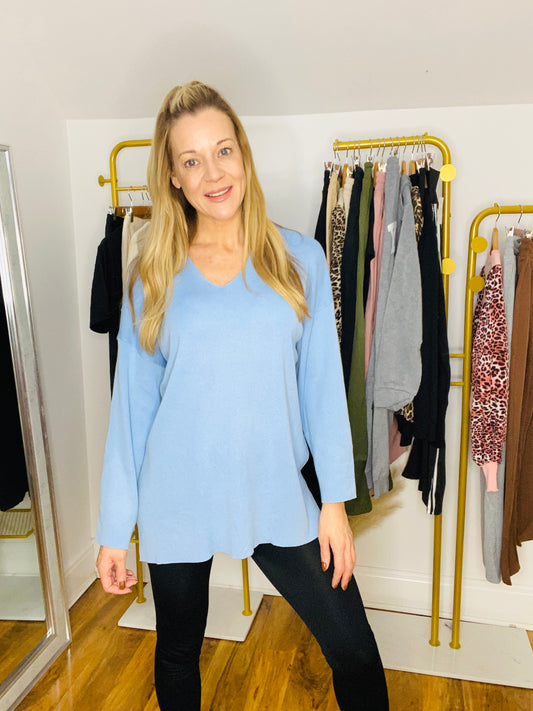 ROBIN - Plain V neck Jumper In Pale Blue